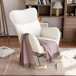 Modern Teddy Upholstered Rocking Chair – High Back Accent Armchair with Wooden Rocking Base for Living Room & Nursery