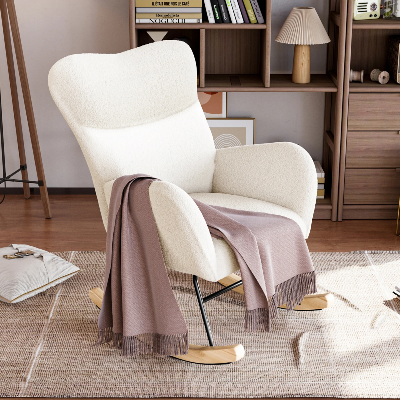 kf-S27b6b84f13fd44d6bfb3c6d7ca05d1076 Modern Teddy Upholstered Rocking Chair – High Back Accent Armchair with Wooden Rocking Base for Living Room & Nursery - Image 1