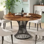 47-Inch Round Farmhouse Dining Table with Industrial Metal Base – Rustic Kitchen & Dining Table for 4–6 People