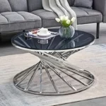 **Modern Round Coffee Table with Black Tempered Glass Top & Chrome Stainless Steel Base – Luxury Living Room Center Table**