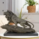 55cm Handmade Bronze Walking Lion Statue on Marble Base Wildlife Sculpture