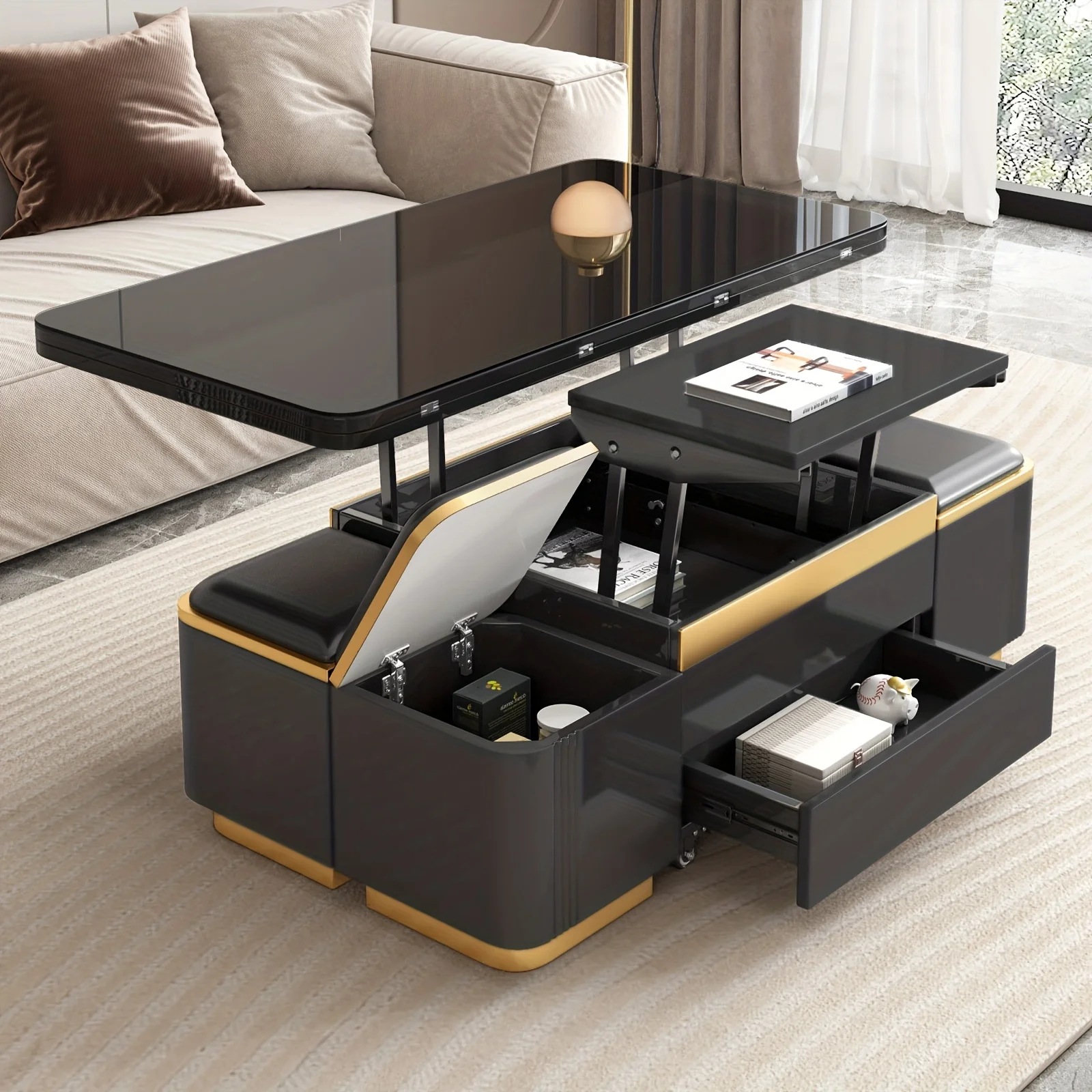 kf-Sa9934a5fc8bb4b3998c26c6aafd57250J Lift Top Coffee Table with 4 Storage Stools, Expandable Centre Table for Living Room, Modern Multifunctional Design - Image 1