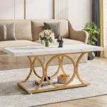 Modern 2-Tier Faux Marble Coffee Table with Gold Metal Legs & Storage Shelf