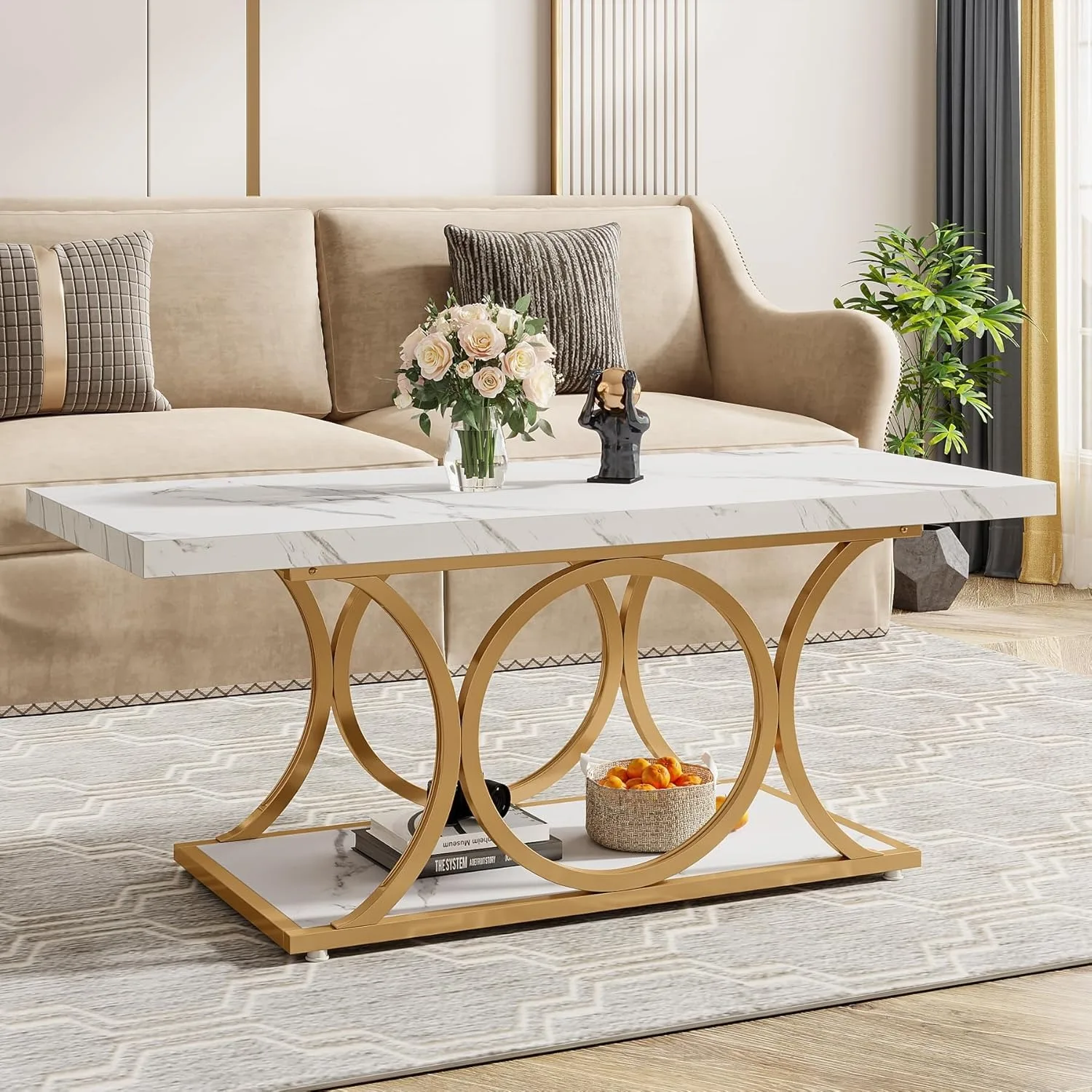 kf-Sb18c8f6b8b384a618f3f7f72496eb349U Modern 2-Tier Faux Marble Coffee Table with Gold Metal Legs & Storage Shelf - Image 1