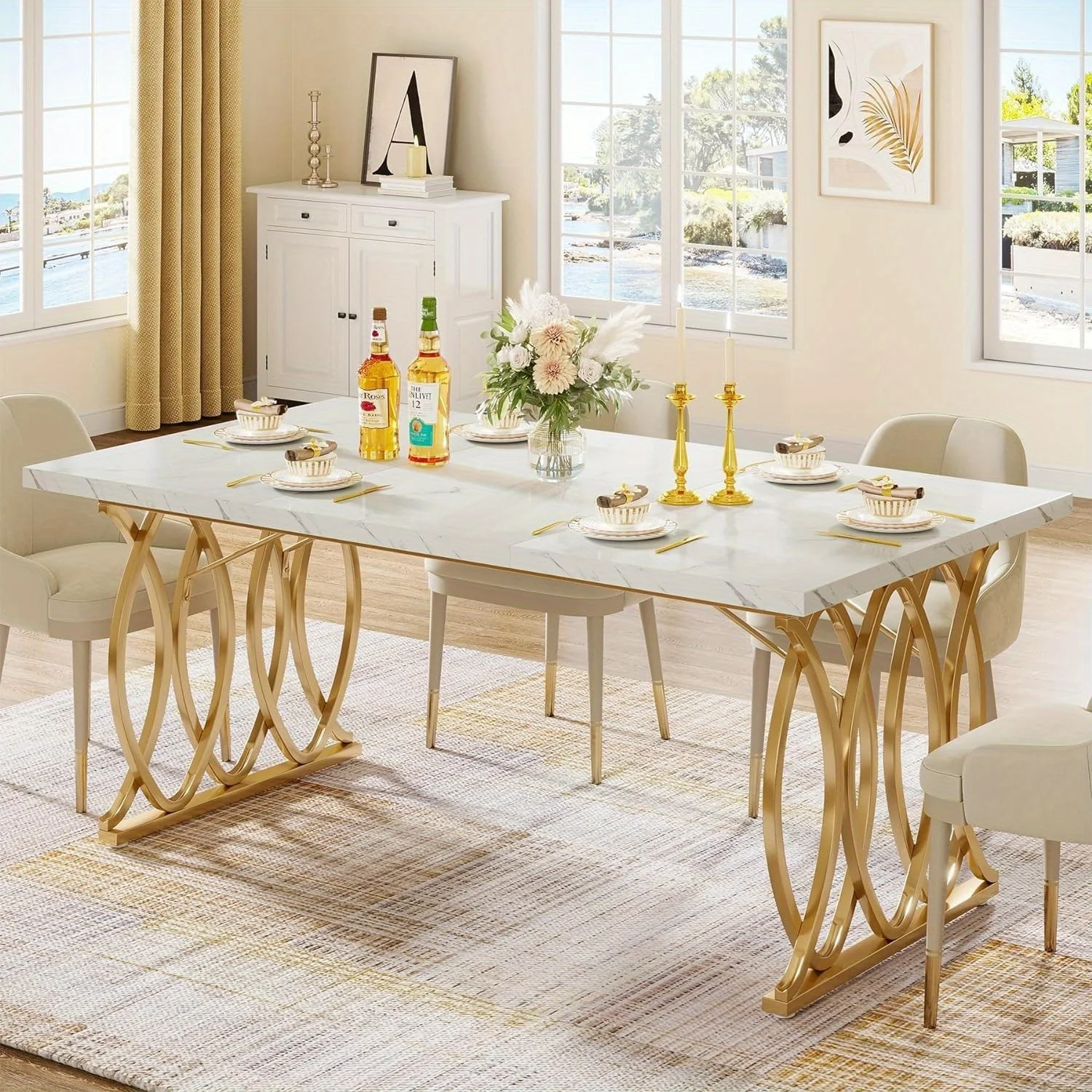 kf-Scdb95882c4b1418aaa1eccef4a1f7724n 63-Inch Modern Faux Marble Dining Table with Geometric Metal Base – Luxury Kitchen & Dining Table for 4–6 People - Image 1