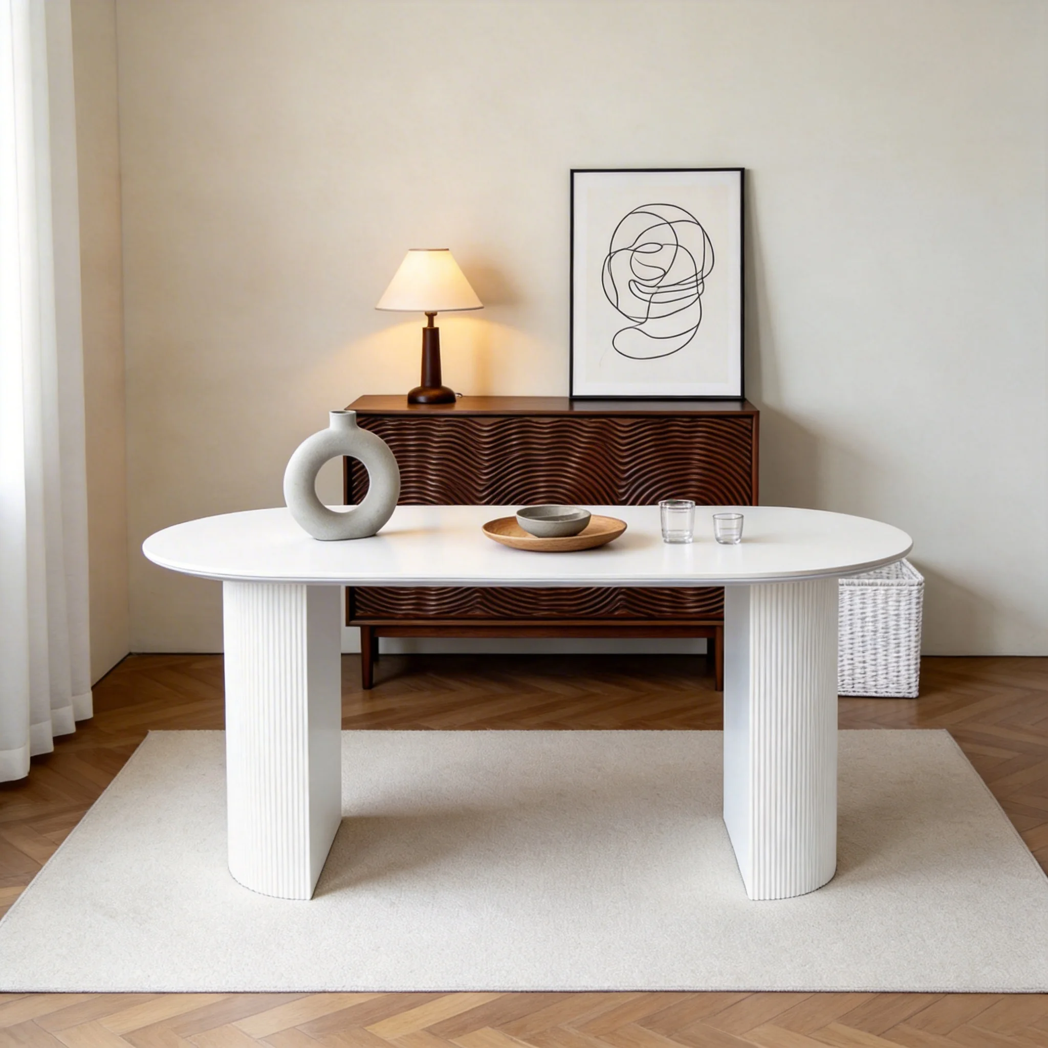 kf-Sd681a2da6e364e90ad8e200796dd689eo Cream Oval Coffee Table with Marble Effect Top & Sculptural Double Pedestal Base - Image 1