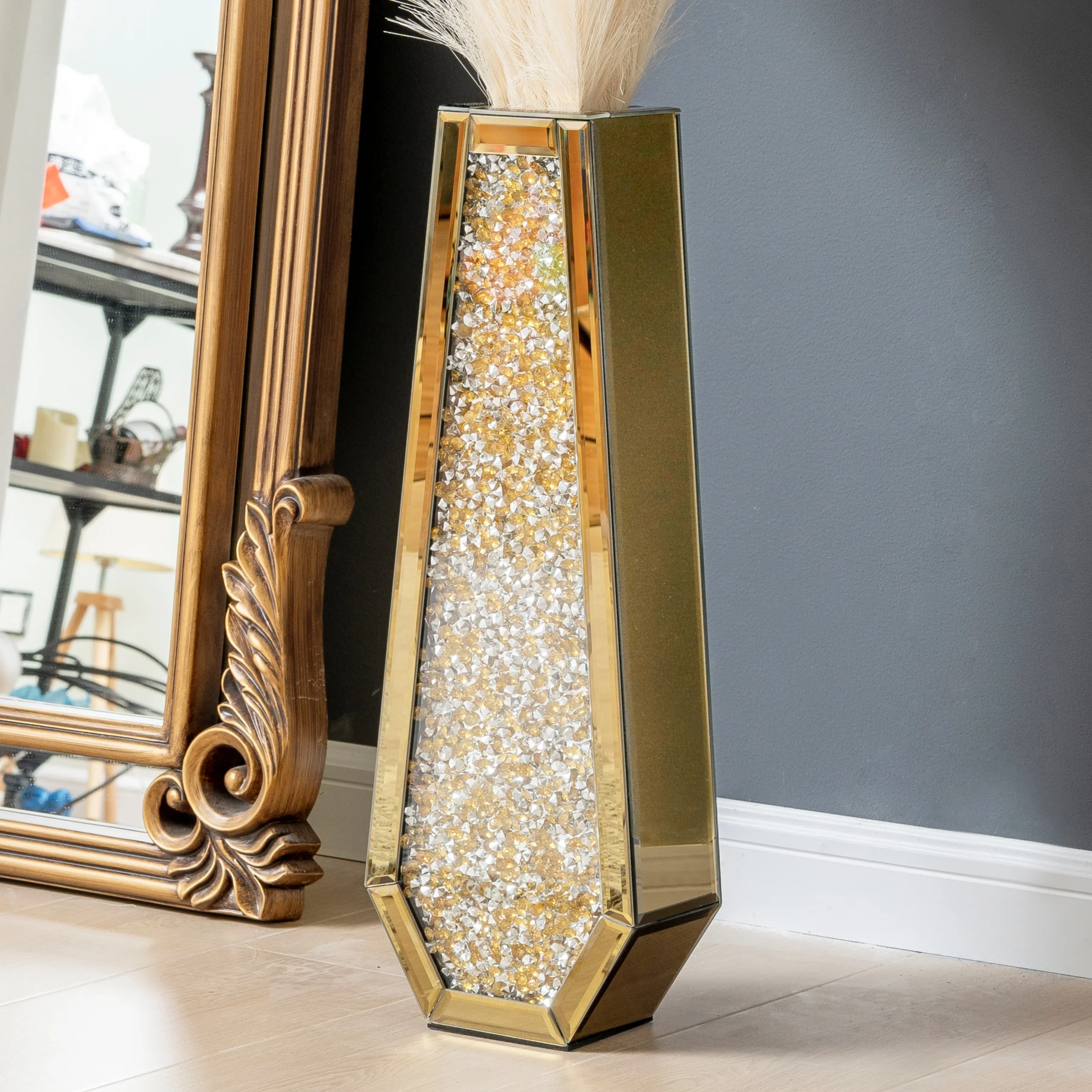 kf-Sf61f1c90083245ddad61bd2845746f650 Luxury Gold Mirrored Crystal Glass Floor Vase Tall Decorative Centrepiece - Image 1
