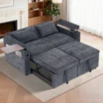 **Modern Dark Gray Fabric Sleeper Sofa Bed with Pull-Out Bed, Cup Holders & Side Storage Pockets**