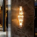 Vrygle Modern 3-Layer Crystal Wall Lamp, 5-Light Gold Wall Sconce with E14 LED Bulbs, Luxury Crystal Vanity Light for Bedroom, Living Room, Bathroom & Hallway